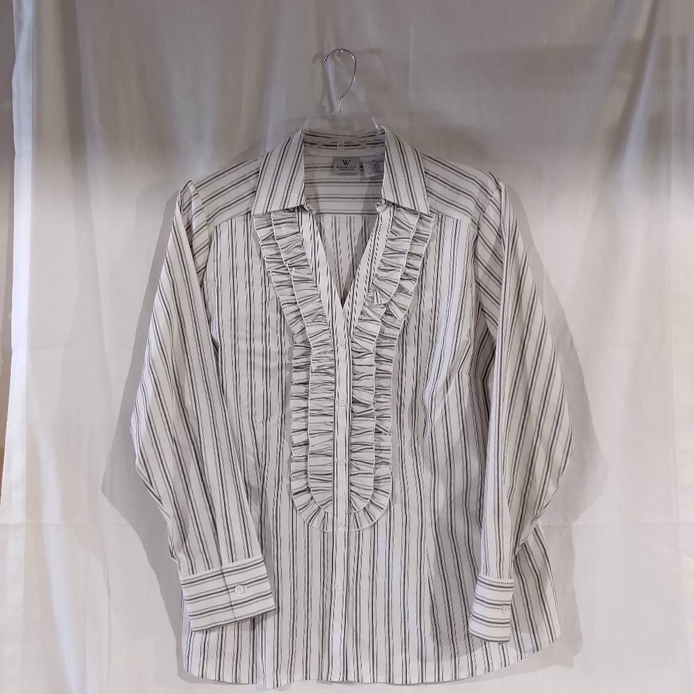Worthington Women's Stretch Cotton Blend Striped Button Down Shirt With Ruffles